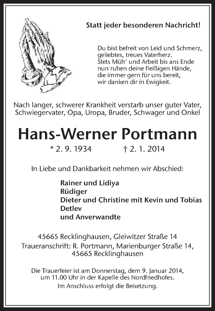  Traueranzeige für Hans-Werner Portmann vom 06.01.2014 aus Medienhaus Bauer